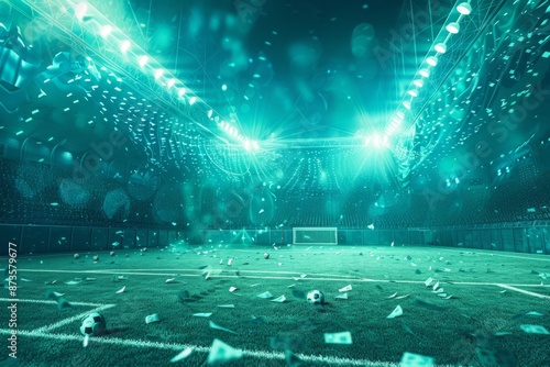 Money raining down on a soccer stadium at night photo