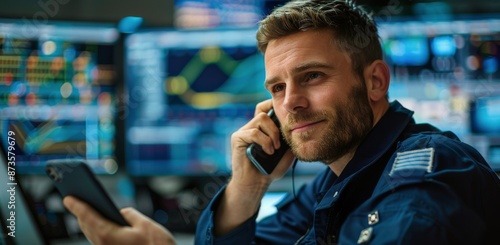 Smiling Man Talking On Phone In Office With Data Screens