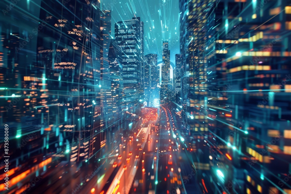 Fototapeta premium Digital data flowing through a busy city street at night