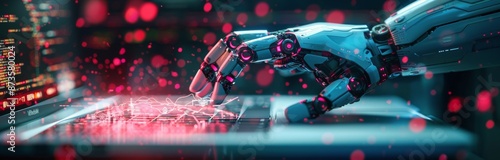 Robotic Hand Typing on Laptop Keyboard in a Futuristic Setting