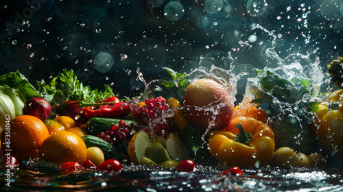 A small section of the image showing fresh fruits, vegetables, and water, starkly contrasting with the unhealthy food items.