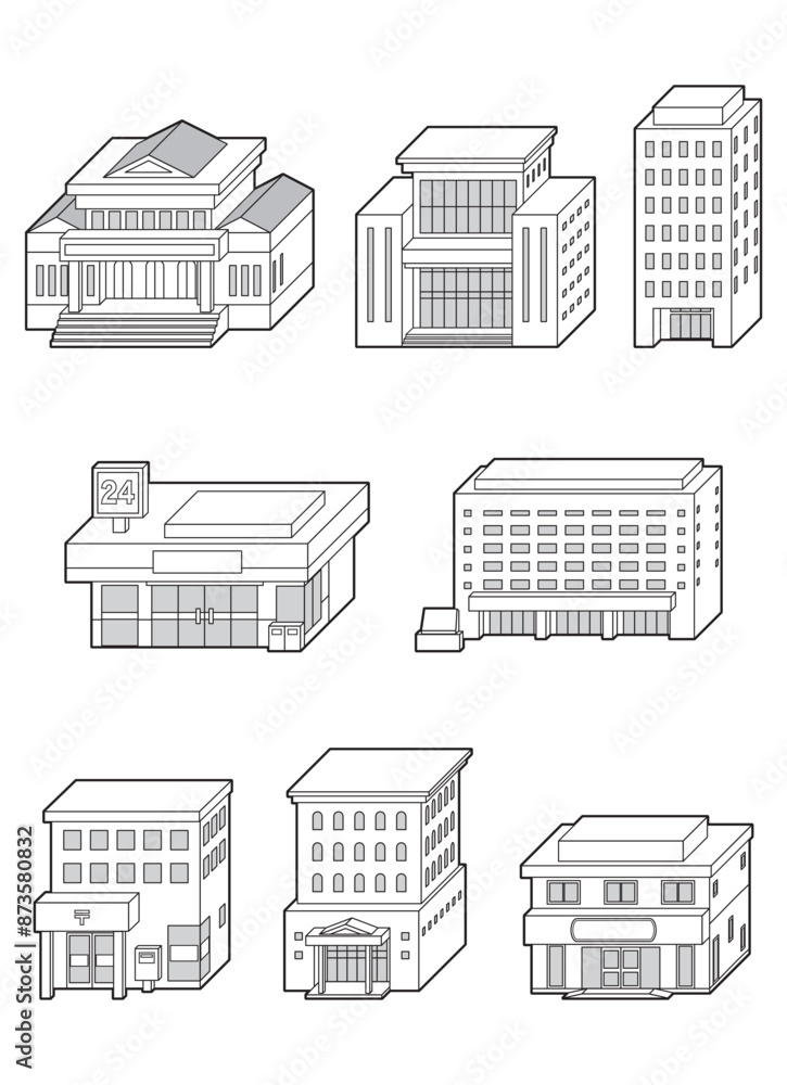 様々な建物の立体ベクターイラスト. 線画. 様々な建物の立体ベクターイラスト. 線画.
