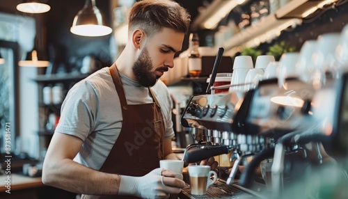 Talented male barista expertly preparing latte and cappuccino at a bustling coffee shop