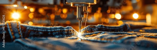 Closeup of Industrial Sewing Machine Stitching Denim Fabric