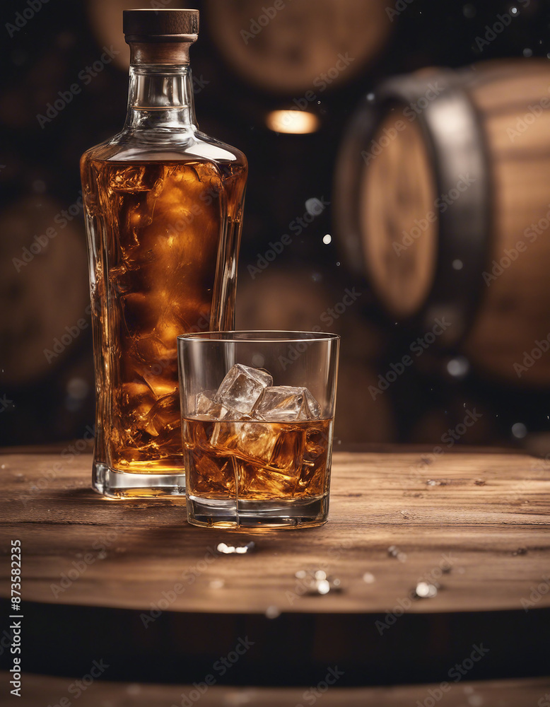 Whisky glass with ice flakes on top of a wooden barrel and a shot of a non-branded advertisement. Whisky glass with ice flakes on top of a wooden barrel and a shot of a non-branded advertisement.