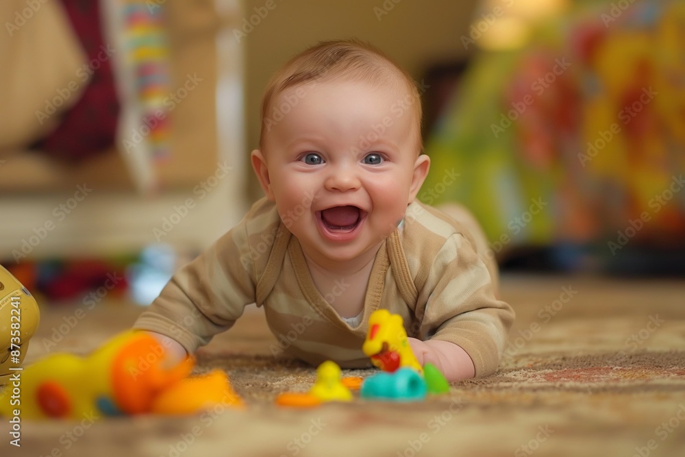 Baby smiling joyfully, surrounded by colorful balls Baby smiling joyfully, surrounded by colorful balls