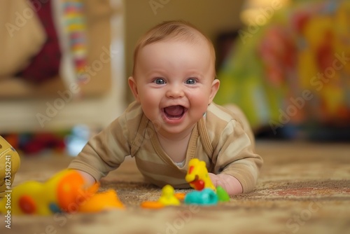 Baby smiling joyfully, surrounded by colorful balls