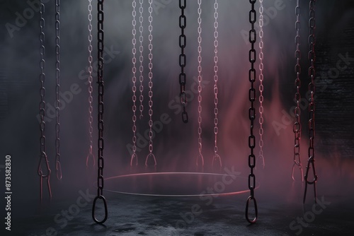 Eerie scene with hanging chains and a red mist, suggestive of suspense or horror photo