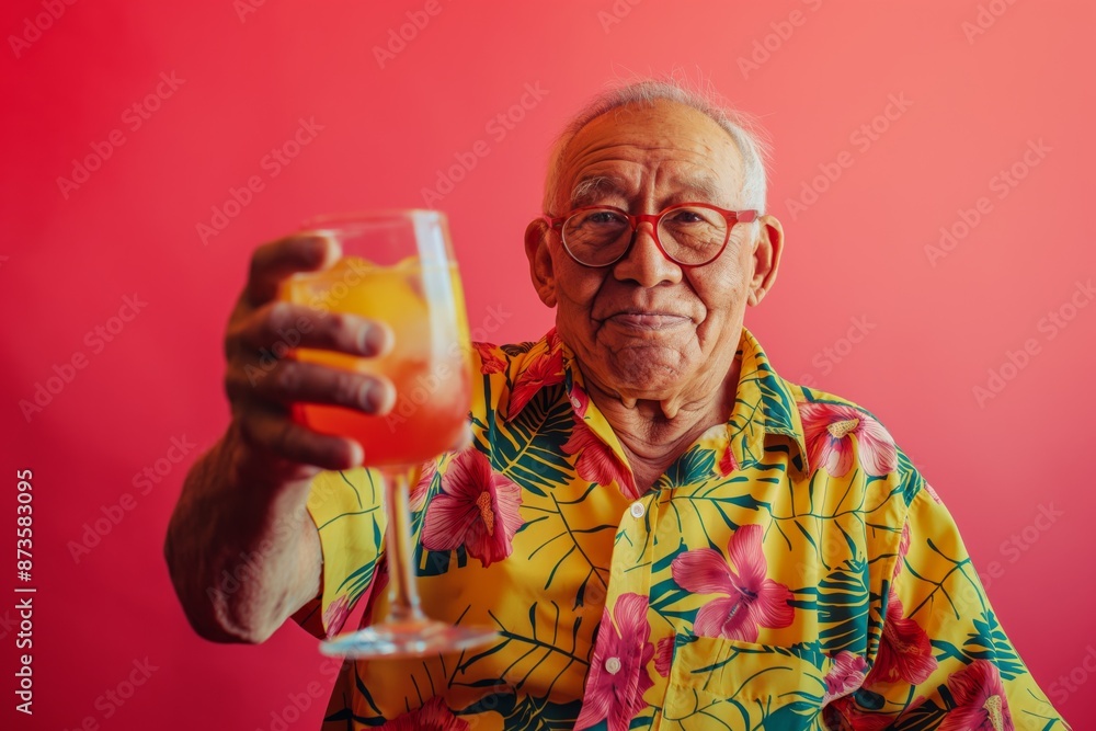 Elderly man in Hawaiian shirt and glasses with cocktail, pink background. Elderly man in Hawaiian shirt and glasses with cocktail, pink background.