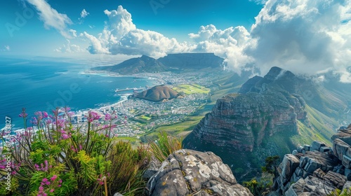 A beautiful view of a city and mountains with a blue sky