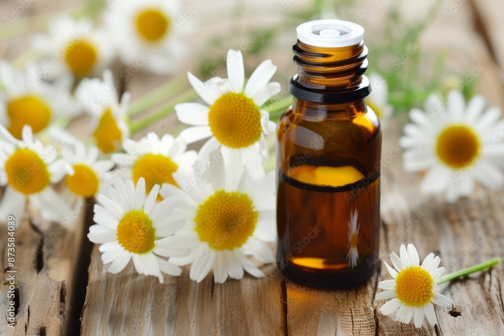 Amber glass bottle of chamomile essential oil surrounded by fresh white chamomile flowers Amber glass bottle of chamomile essential oil surrounded by fresh white chamomile flowers