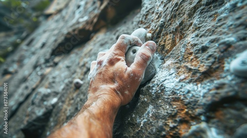 Climber gripping small hold on challenging rock face photo