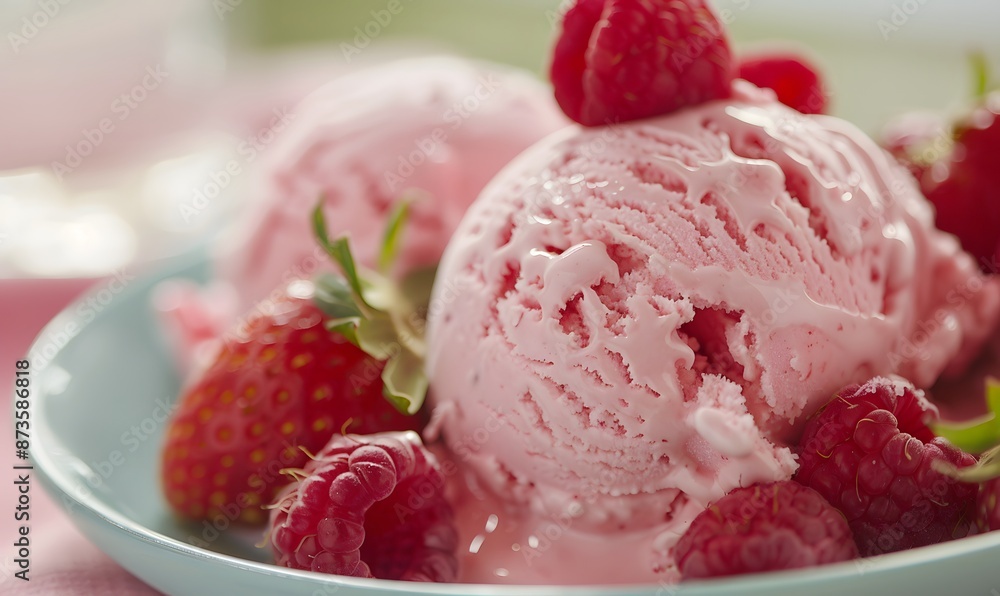 pink ice cream topped with a few pieces of fresh raspberries and strawberries, Generative AI pink ice cream topped with a few pieces of fresh raspberries and strawberries, Generative AI