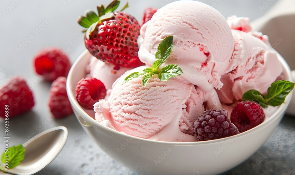 pink ice cream topped with a few pieces of fresh raspberries and strawberries, Generative AI pink ice cream topped with a few pieces of fresh raspberries and strawberries, Generative AI