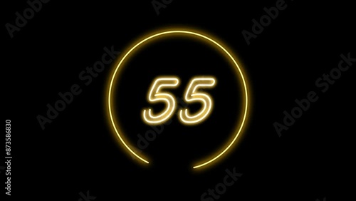 60 seconds (1 minute) gold color neon light countdown timer on black background. Animated circle shaped stylish smooth tailed line indicator. Neon and shady nightlife concept. photo