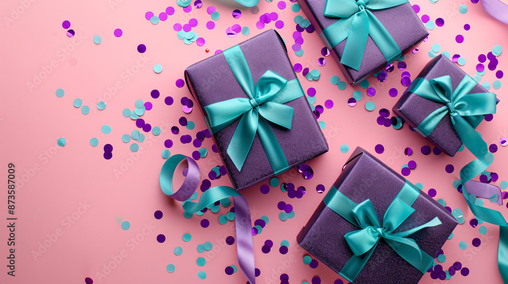Colorful gift boxes with bows on pink background with confetti Colorful gift boxes with bows on pink background with confetti