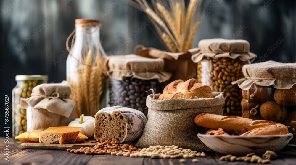 Assortment of Bread and Grains in Rustic Setting Assortment of Bread and Grains in Rustic Setting