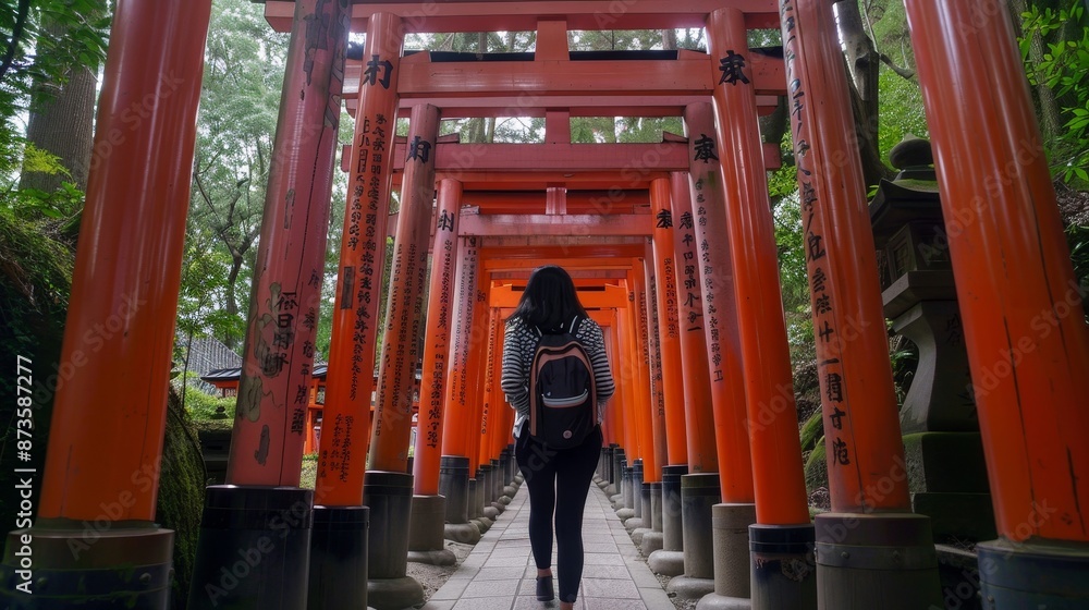 A woman walks through a tunnel of red pillars A woman walks through a tunnel of red pillars