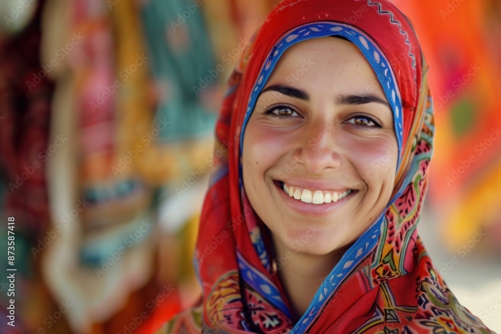 Cheerful woman in a colorful headscarf beams against a vibrant background Cheerful woman in a colorful headscarf beams against a vibrant background