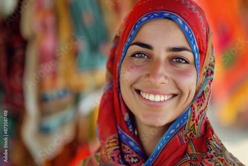 Cheerful woman in a colorful headscarf beams against a vibrant background
