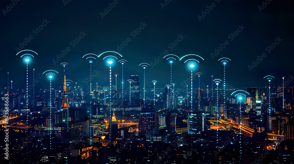 High-resolution image of a vibrant cityscape with dynamic wireless network connections glowing symbols representing connectivitywith city lights focus on innovative technology High-resolution image of a vibrant cityscape with dynamic wireless network connections glowing symbols representing connectivitywith city lights focus on innovative technology