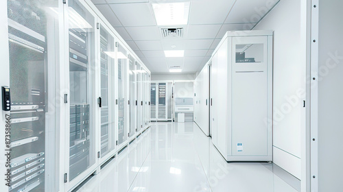 High-resolution image of a white server room featuring neat server racks bright and spacious environment minimalist decor focus on cleanliness and high-tech infrastructure 