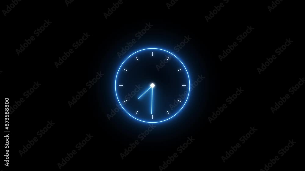 Glowing neon Clock icon animation with moving arrows and 24 hours day fast speed on black background. Glowing neon Clock icon animation with moving arrows and 24 hours day fast speed on black background.