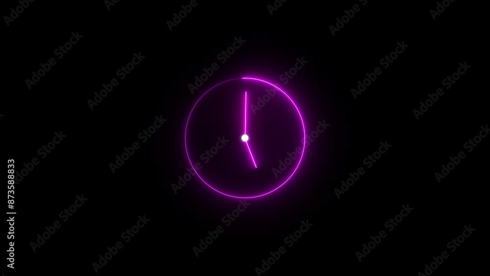 Glowing neon Clock icon animation with moving arrows and 24 hours day fast speed on black background. Glowing neon Clock icon animation with moving arrows and 24 hours day fast speed on black background.