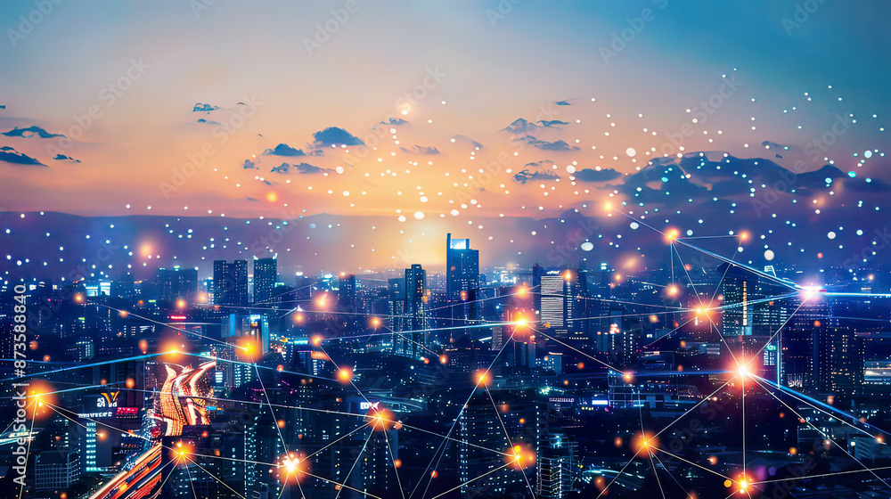 Fototapeta premium High-resolution image portraying a smart city with a telecommunication network concept modern city skyline with glowing network connections dynamic digital elements focus on technological advancement 