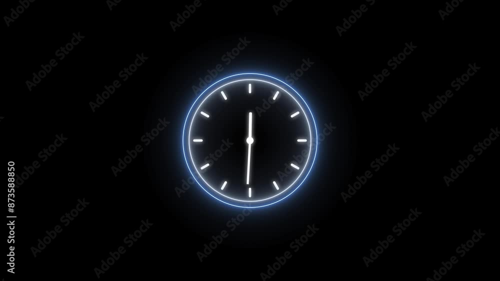 Glowing neon Clock icon animation with moving arrows and 24 hours day fast speed on black background. Glowing neon Clock icon animation with moving arrows and 24 hours day fast speed on black background.