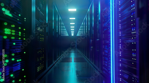 Wallpaper Mural Hyper-realistic 3D rendering of a server in a datacenter glowing blue and green lights sleek server racks emphasis on cloud computing and data storage modern and high-tech design  Torontodigital.ca