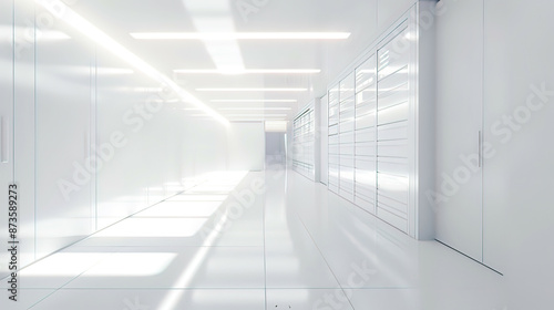 Hyper-realistic 3D rendering of a white server room pristine white server racks minimalistic design soft lighting emphasis on cleanliness and modernity 