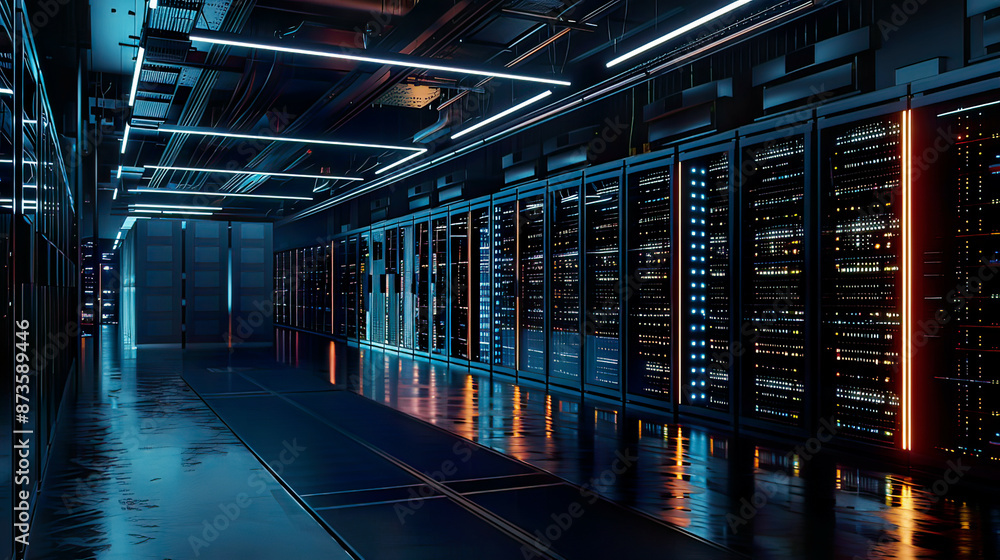 Hyper-realistic depiction of a data center facility featuring rows of meticulously arranged server racks illuminated by ambient lighting showcasing the backbone of digital infrastructure Hyper-realistic depiction of a data center facility featuring rows of meticulously arranged server racks illuminated by ambient lighting showcasing the backbone of digital infrastructure