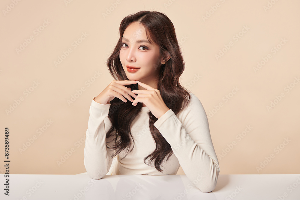Beautiful young asian woman with clean fresh skin on beige background, Face care, Facial treatment, Cosmetology, beauty and spa, Asian women portrait. Beautiful young asian woman with clean fresh skin on beige background, Face care, Facial treatment, Cosmetology, beauty and spa, Asian women portrait.