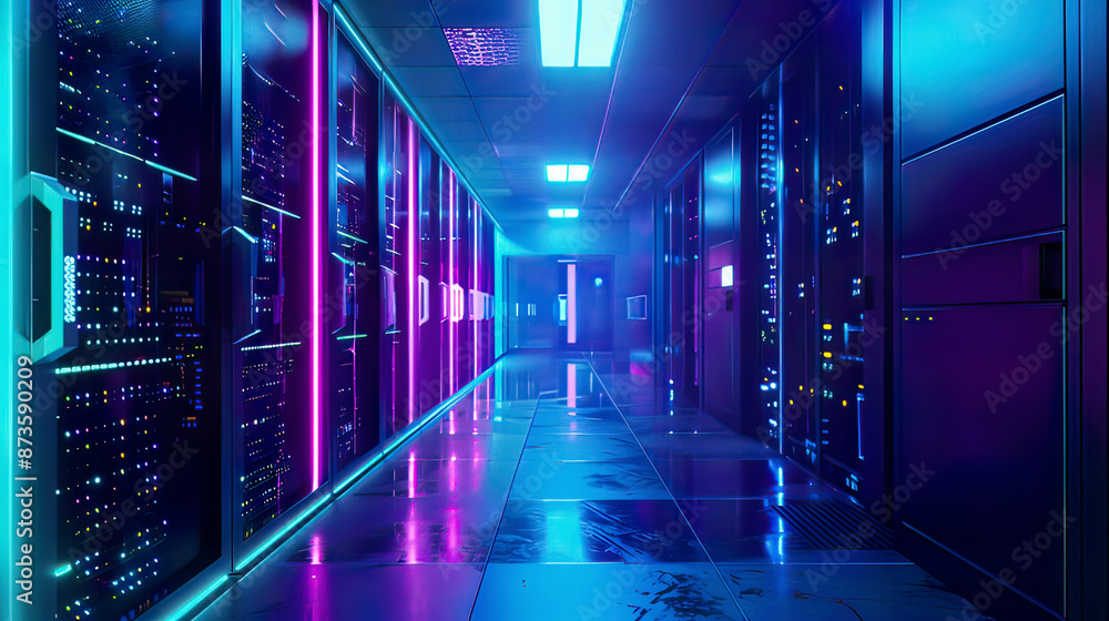 Photorealistic 3D depiction of a server room featuring node-based programming data design elements vibrant blue lighting illuminating server racks focus on high-tech data storage Photorealistic 3D depiction of a server room featuring node-based programming data design elements vibrant blue lighting illuminating server racks focus on high-tech data storage