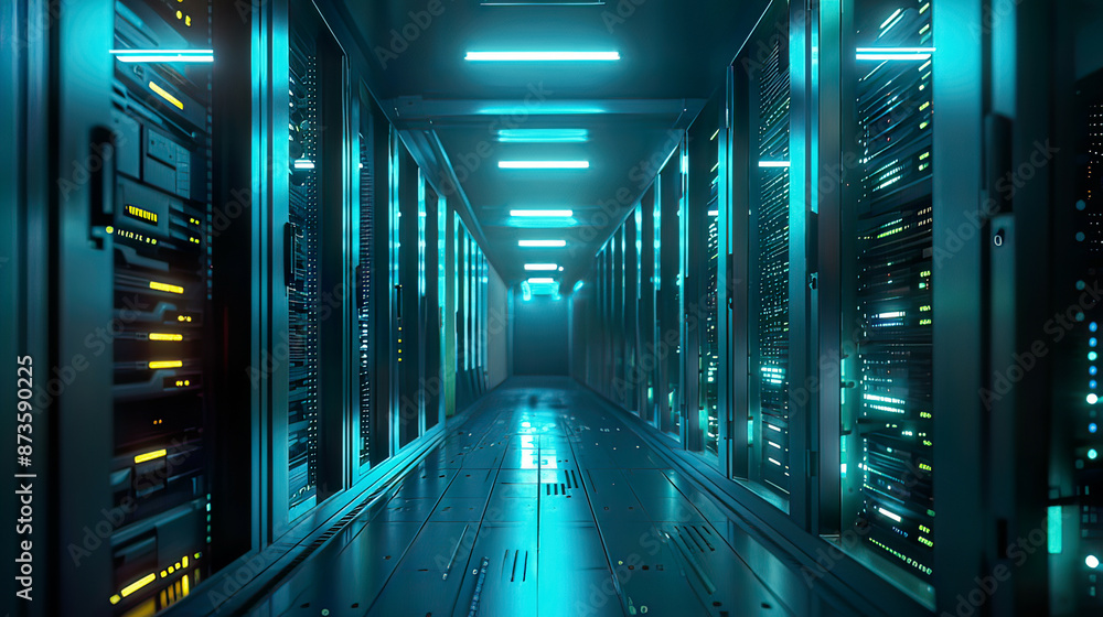 Photorealistic 3D depiction of a server room featuring node-based programming data design elements vibrant blue lighting illuminating server racks focus on high-tech data storage Photorealistic 3D depiction of a server room featuring node-based programming data design elements vibrant blue lighting illuminating server racks focus on high-tech data storage