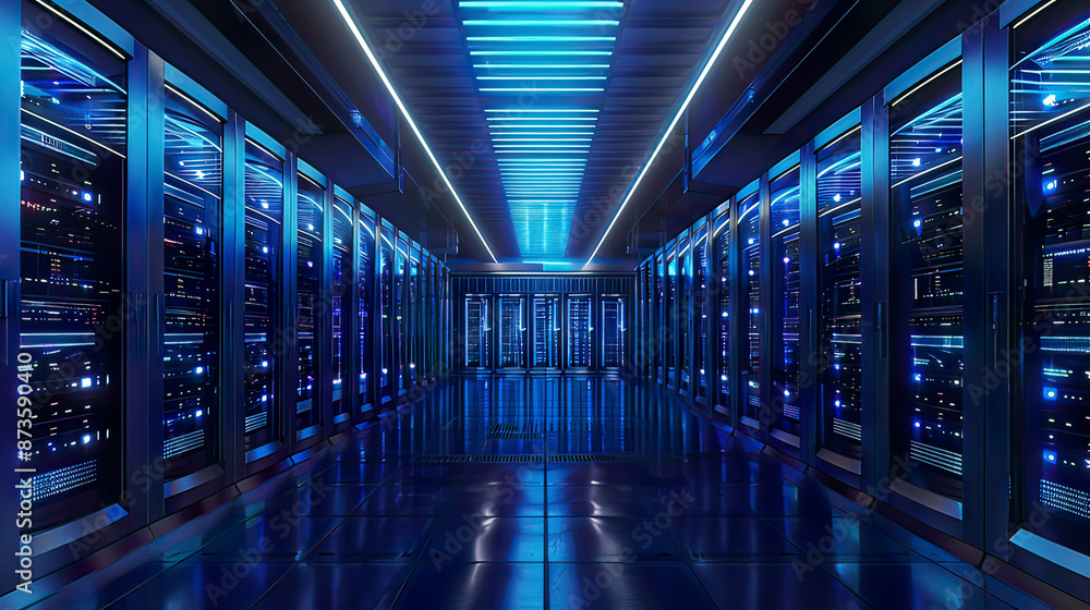 Photorealistic 3D representation of a server room with node-based programming data elements glowing blue lighting sleek and organized environment emphasis on advanced technology and data connectivity Photorealistic 3D representation of a server room with node-based programming data elements glowing blue lighting sleek and organized environment emphasis on advanced technology and data connectivity