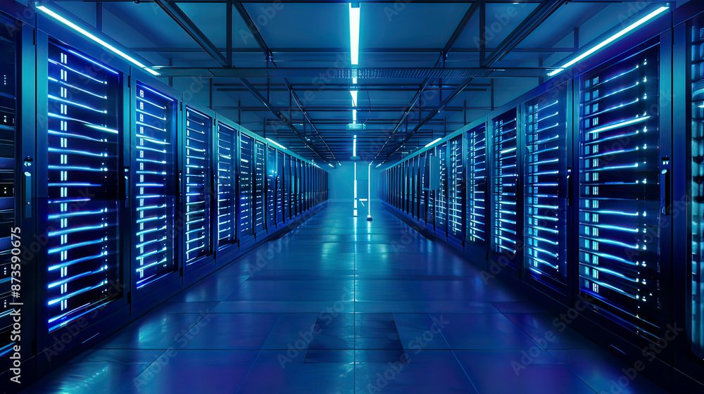 Photorealistic depiction of a datacenter's server room interior neatly arranged server racks with vibrant blue lighting high-tech data storage and network connectivity Photorealistic depiction of a datacenter's server room interior neatly arranged server racks with vibrant blue lighting high-tech data storage and network connectivity