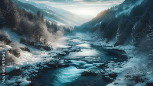 A Serene River Flowing Through a Snowy Wonderland