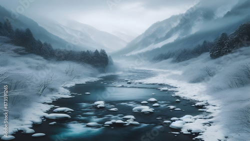 A Serene River Flowing Through a Snowy Wonderland
