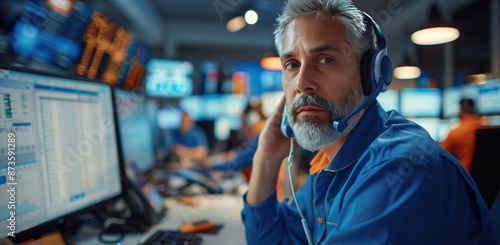 Man in Blue Uniform Talking on Headset in Control Room