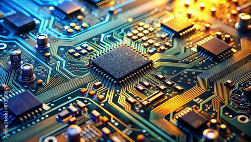 High-tech electronic circuit board background with close-up macro view of complex semiconductor chips connected to motherboard technology components.