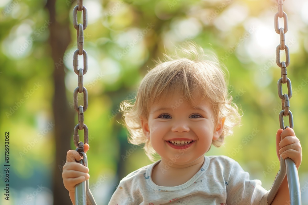 Girl swinging in the park, smiling happily. Girl swinging in the park, smiling happily.