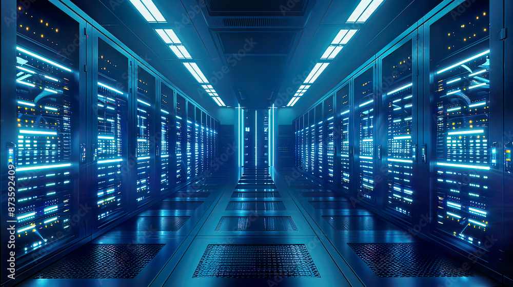 Photorealistic representation of computer servers in a data center glowing blue lighting sleek and organized environment emphasis on advanced technology and efficient data storage Photorealistic representation of computer servers in a data center glowing blue lighting sleek and organized environment emphasis on advanced technology and efficient data storage