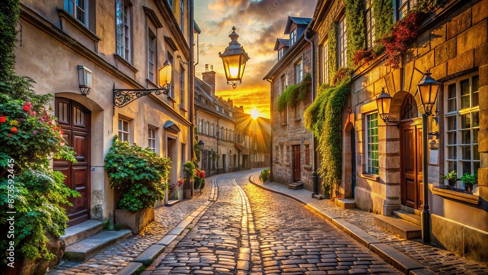 Fototapeta premium Serene empty cobblestone street lined with ancient buildings and ornate lanterns in soft warm golden morning light of sunrise.