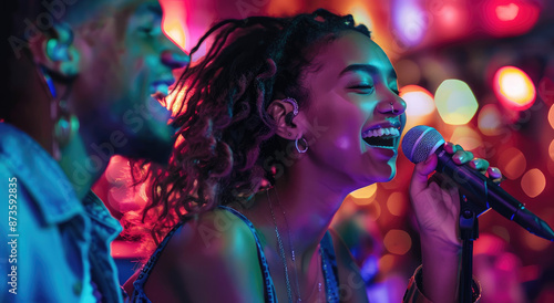 A young woman is singing karaoke with her boyfriend, holding the microphone and laughing joyfully at night in front of colorful lights. © Kien