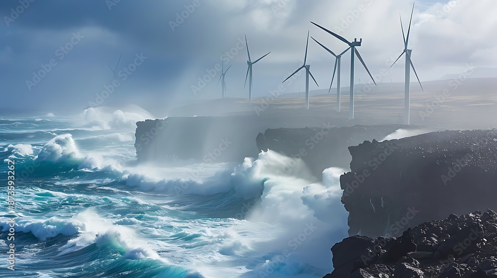 Fototapeta premium Wind Turbines on a Rugged Coastline