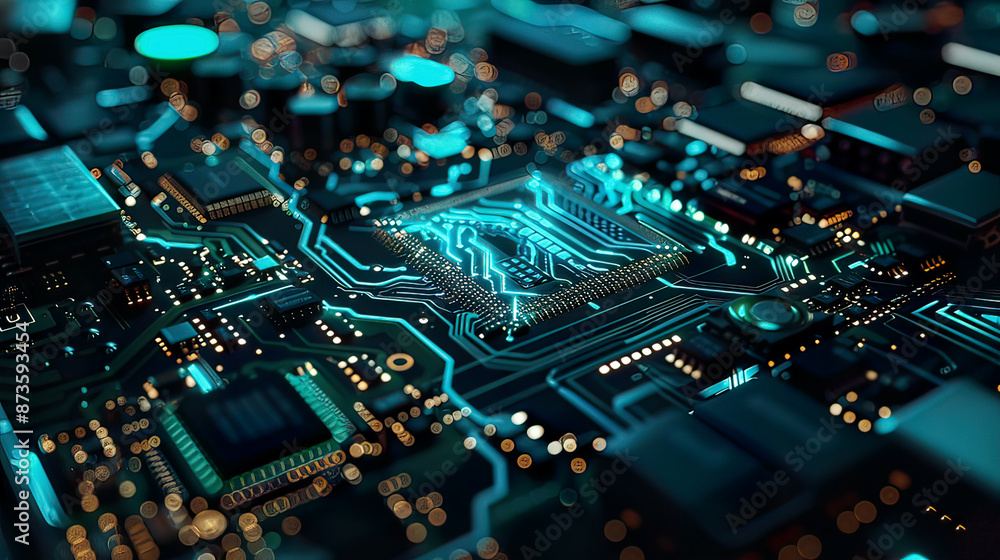 Obraz premium Ultra-detailed image of a microchip embedded on a motherboard glowing blue and green circuitryemphasis on advanced electronic technology and precision engineering