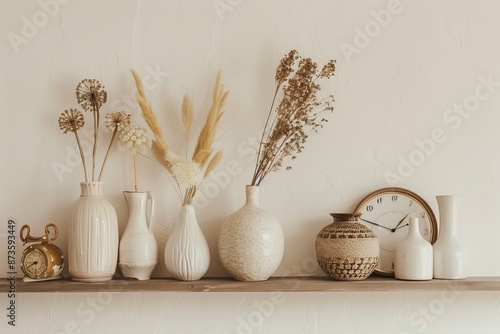 Vases with dried flowers and alarm clock on wooden shelf over white wall. Minimal home decor. © Iigo