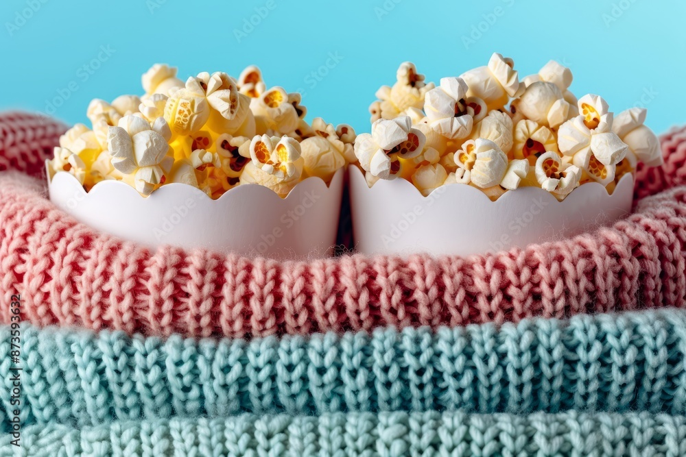 Two bowls of popcorn placed on top of colorful knit blankets against a light blue background. Perfect for cozy movie nights. Two bowls of popcorn placed on top of colorful knit blankets against a light blue background. Perfect for cozy movie nights.